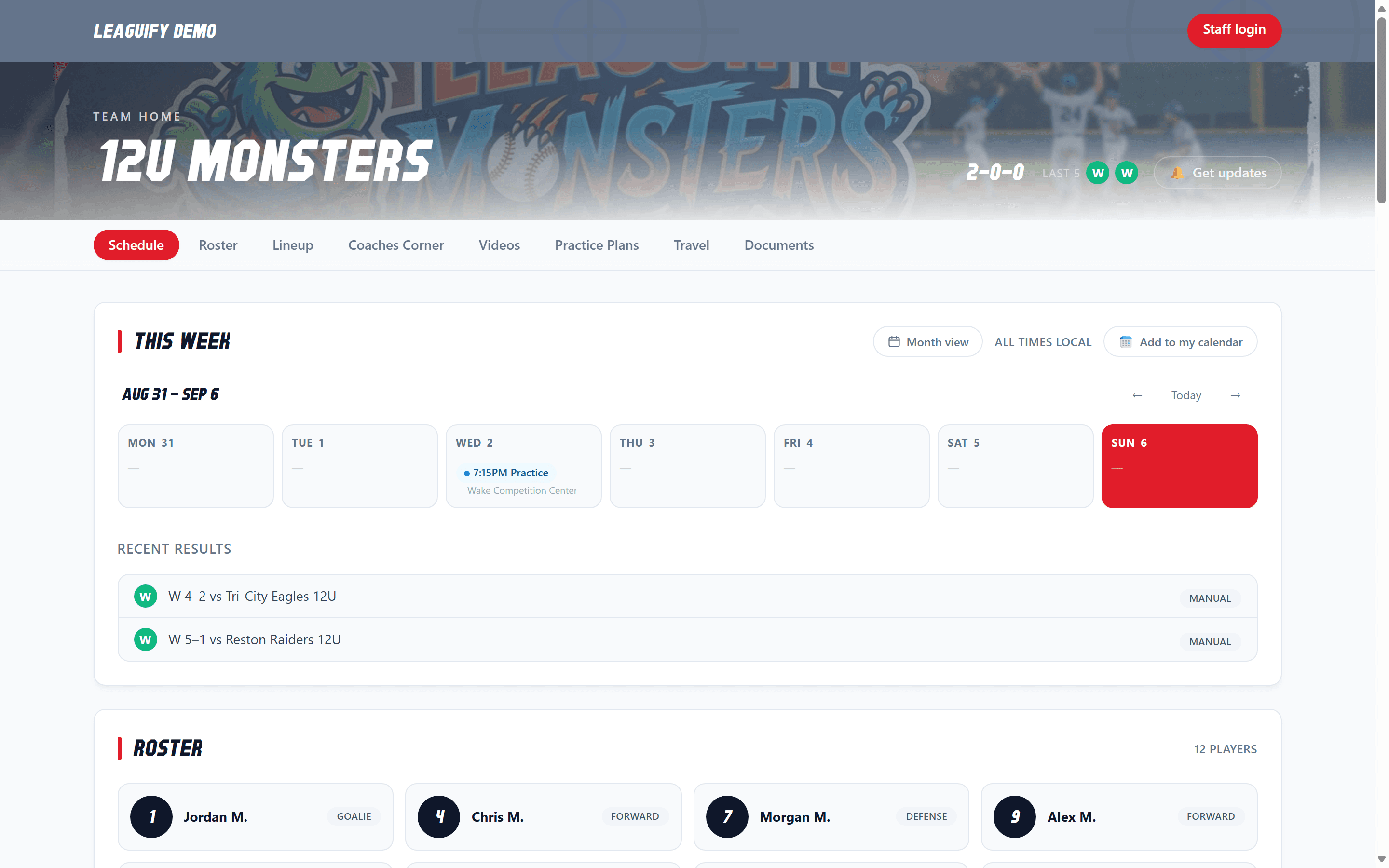 A team's public leaguify site on a laptop, showing the schedule, roster and lineup in the team's colors