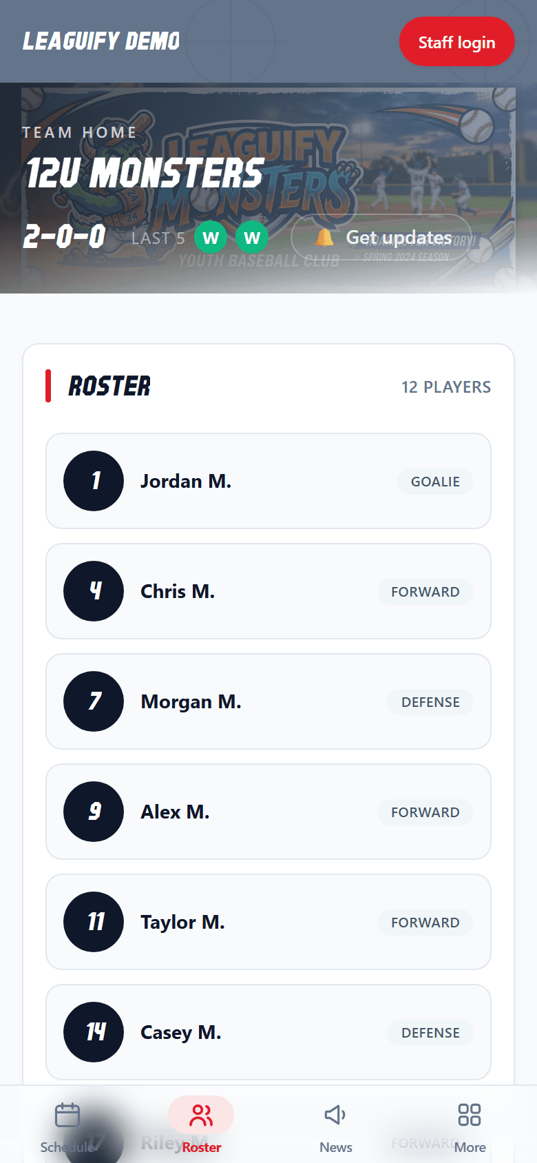 The team roster on a phone, listing players by jersey number with their position