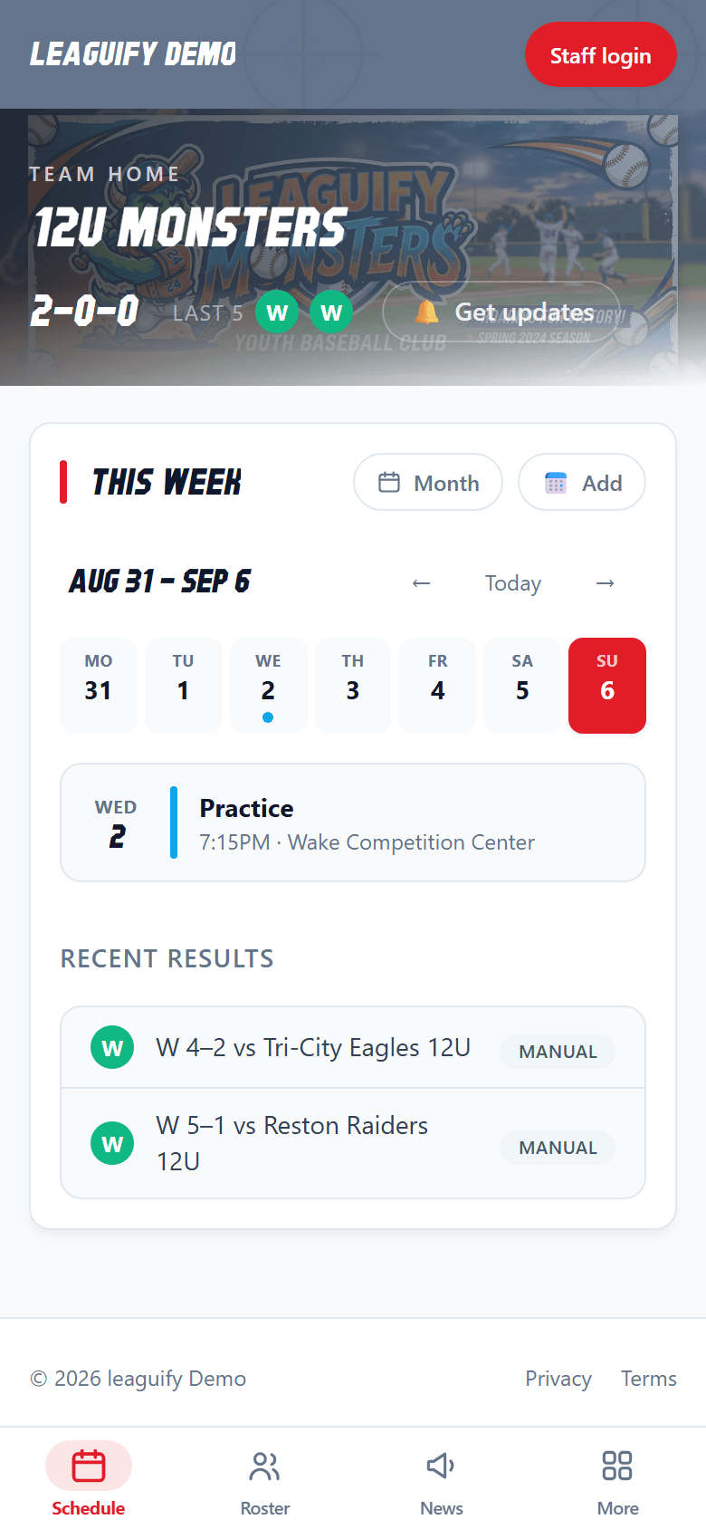 The leaguify team app on a phone, showing a week of practices and games with the team's record and recent results