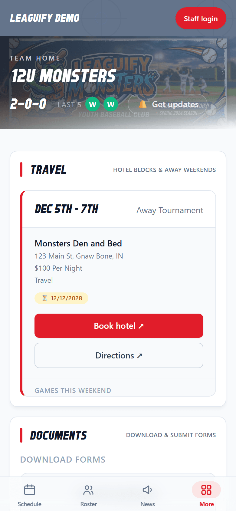 The travel section on a phone, showing an away tournament weekend with the hotel, nightly rate, booking deadline, a Book hotel button and directions